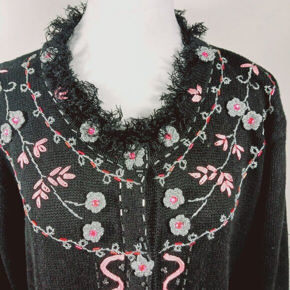 Storybook Knits LRG Long Black Cardigan Sweater Embellished Pink, Silver, Black - Picture 5 of 16
